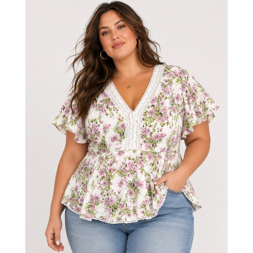 Torrid Women Floral Lace V-Neck Peplum Top Size 2 2X White Purple Flutter Sleeve